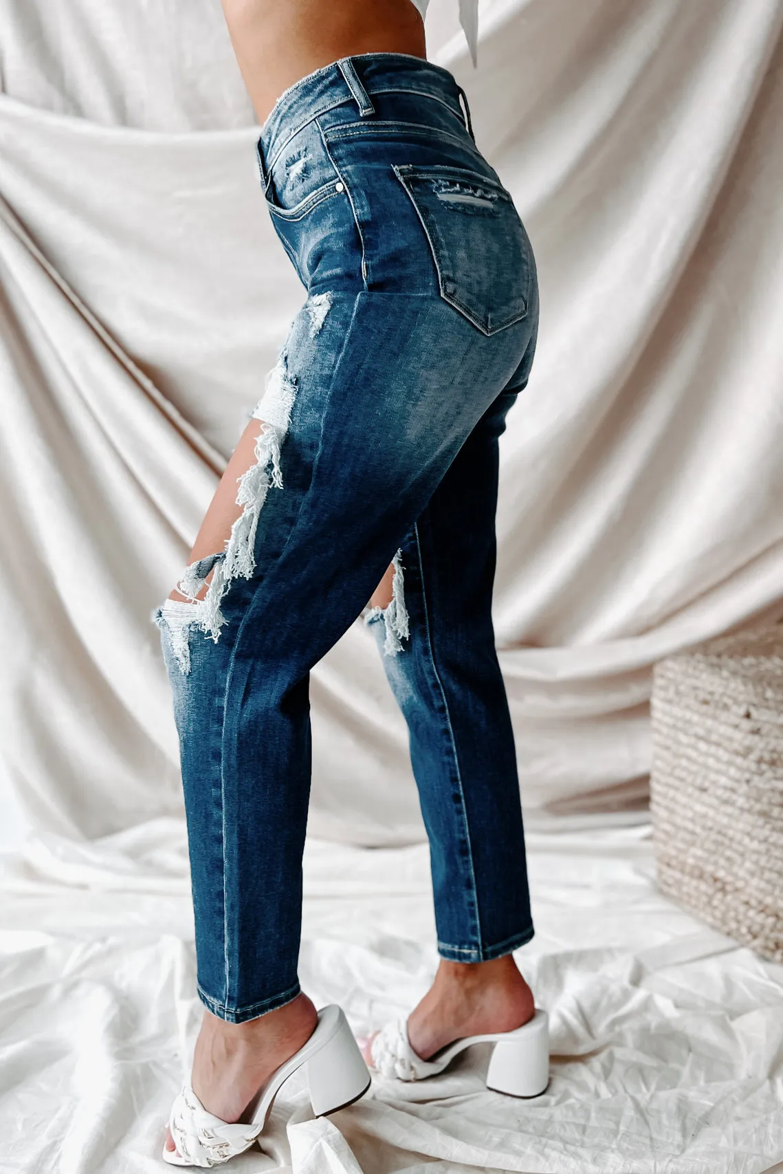Izetta High Rise Distressed Risen Slim Straight Jeans (Dark)