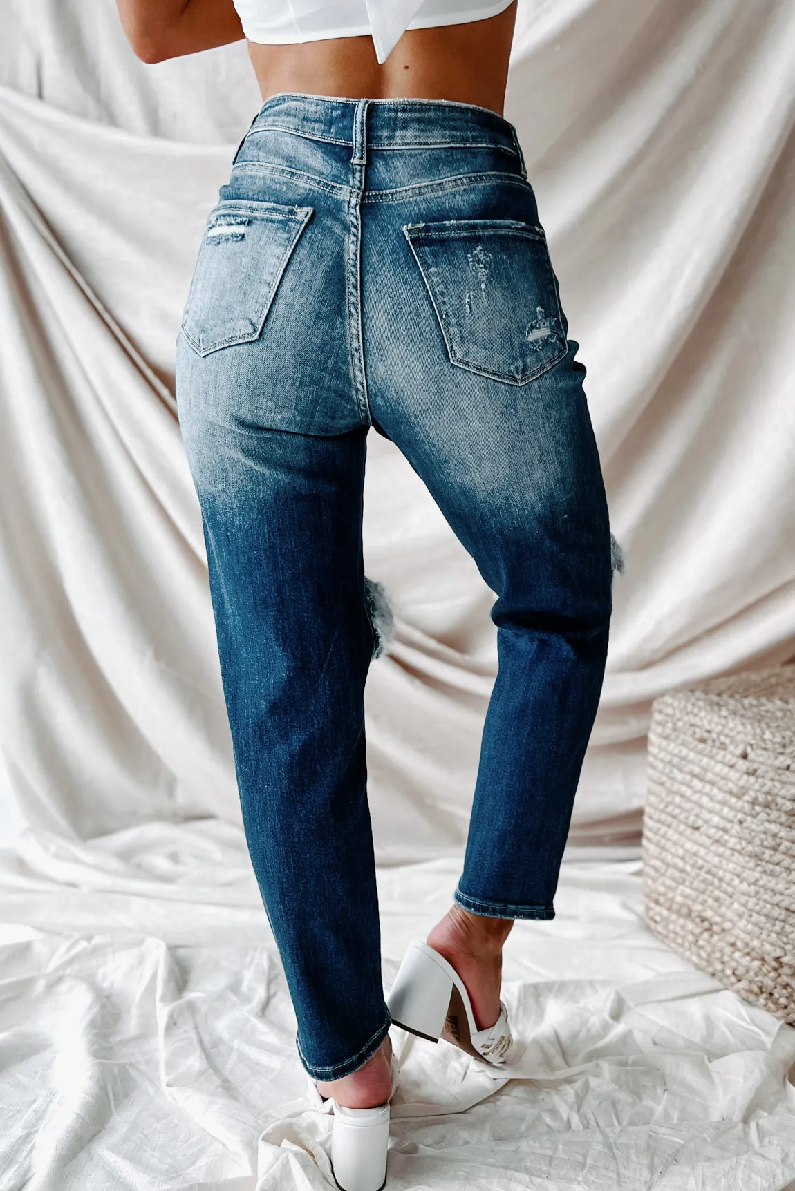 Izetta High Rise Distressed Risen Slim Straight Jeans (Dark)
