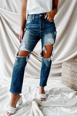 Izetta High Rise Distressed Risen Slim Straight Jeans (Dark)