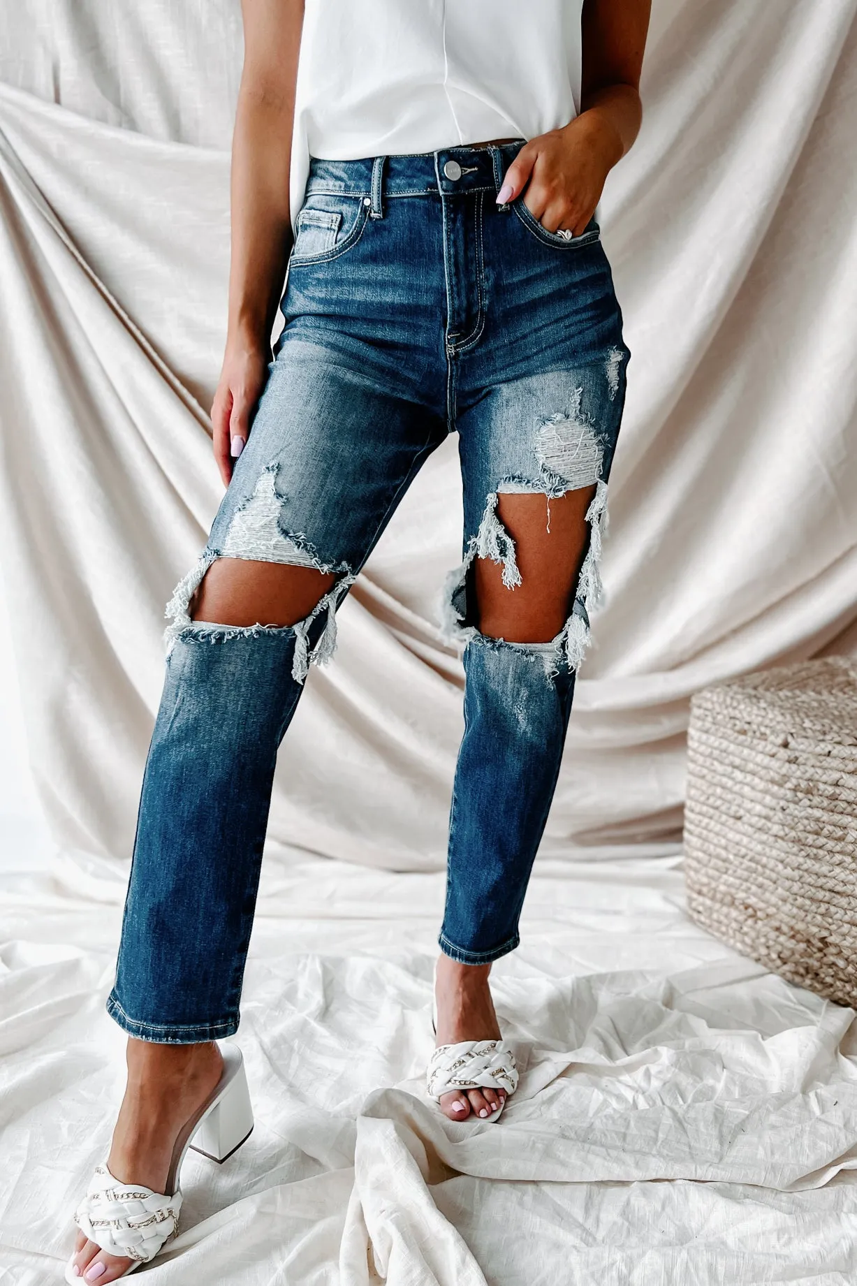 Izetta High Rise Distressed Risen Slim Straight Jeans (Dark)