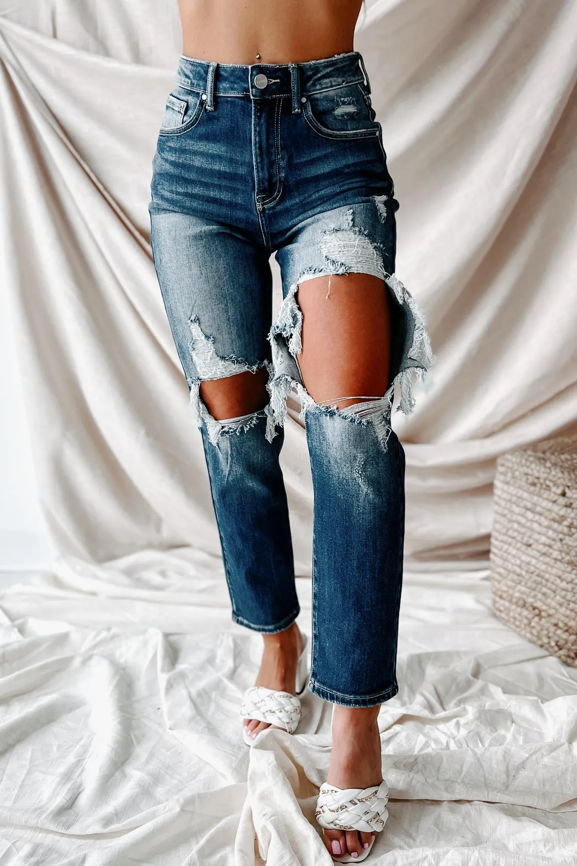 Izetta High Rise Distressed Risen Slim Straight Jeans (Dark)