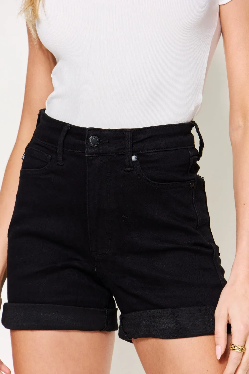 Judy Blue High Waisted Tummy Control Cuffed Black Denim Jean Shorts