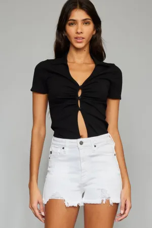 Kancan High Waisted Chewed Raw Hem White Denim Jean Shorts