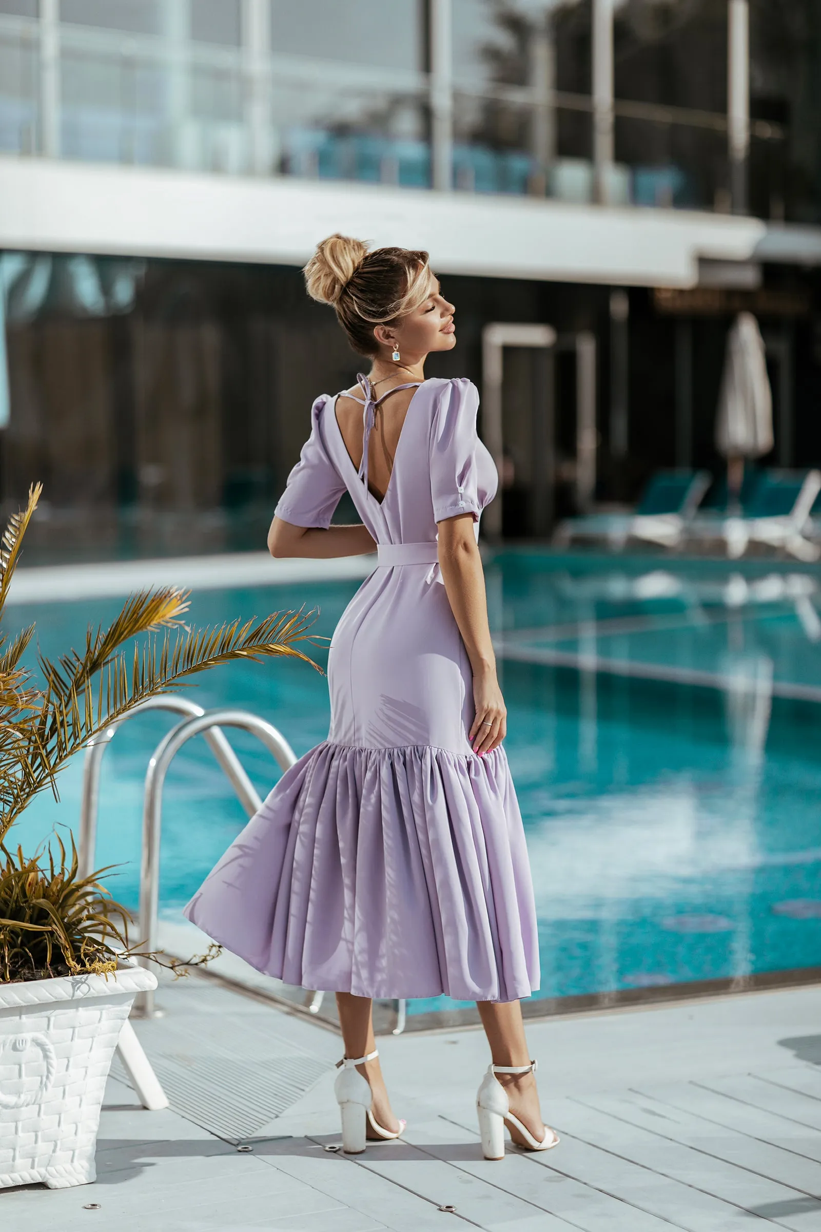 Lavender Puff-Sleeve Belted Midi Dress