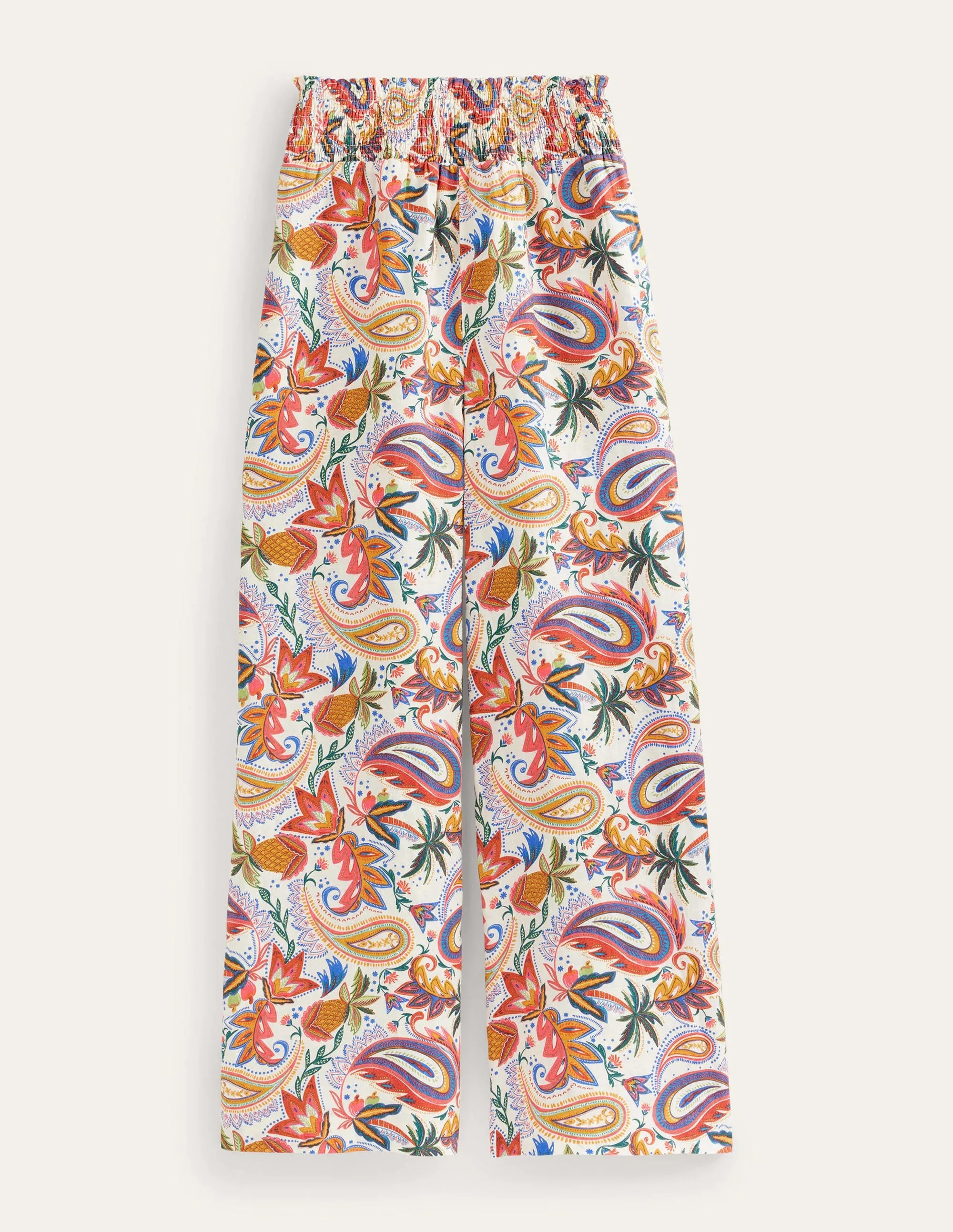 Linen Shirred Waist Trousers-Multi, Paradise Paisley