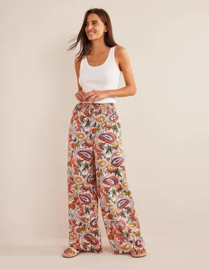 Linen Shirred Waist Trousers-Multi, Paradise Paisley