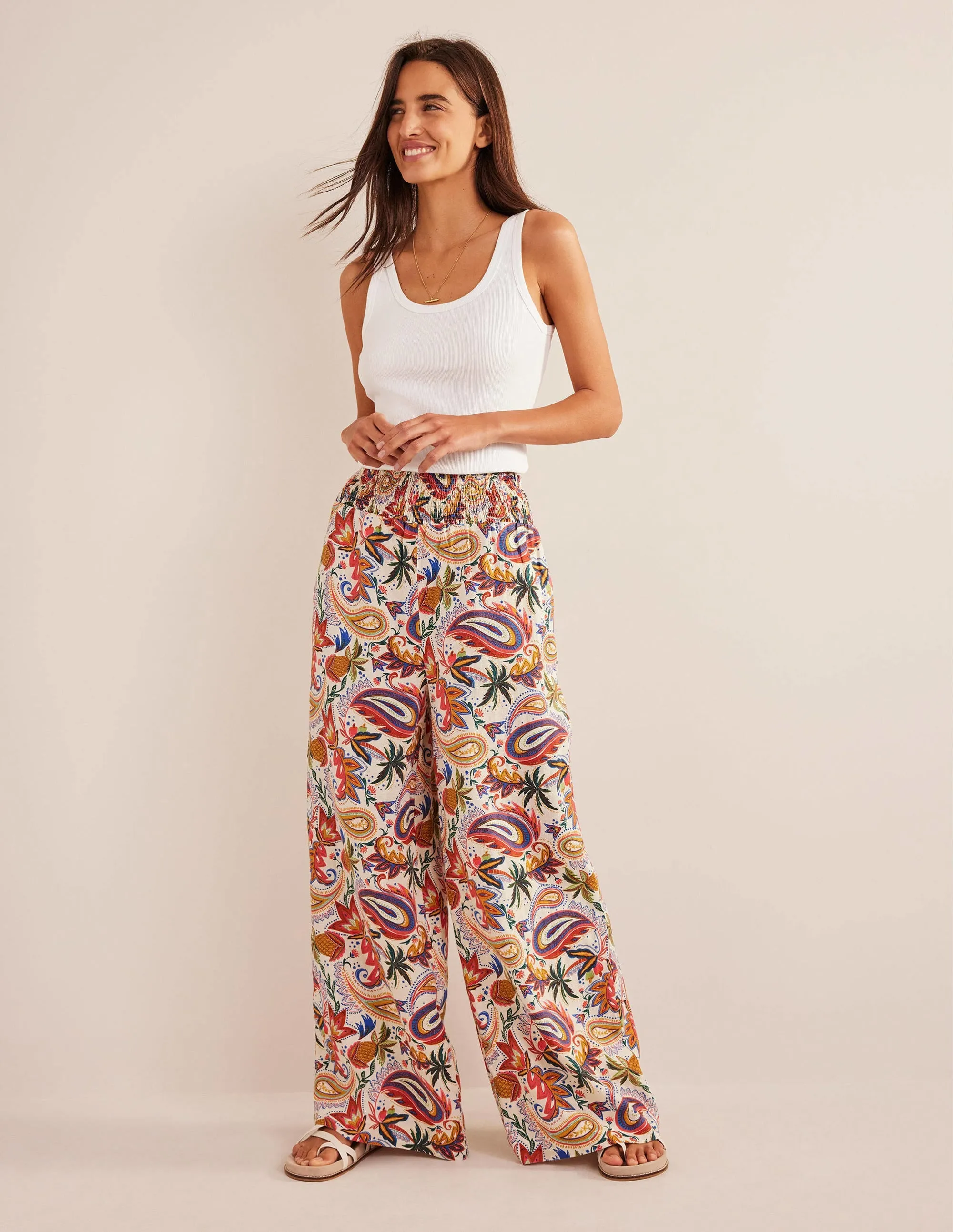 Linen Shirred Waist Trousers-Multi, Paradise Paisley