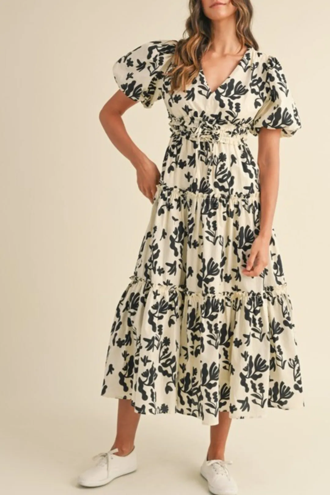 Little Things Puff Sleeve Tiered Midi Dress