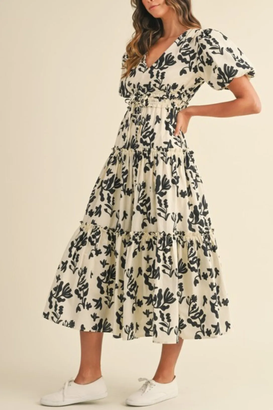 Little Things Puff Sleeve Tiered Midi Dress
