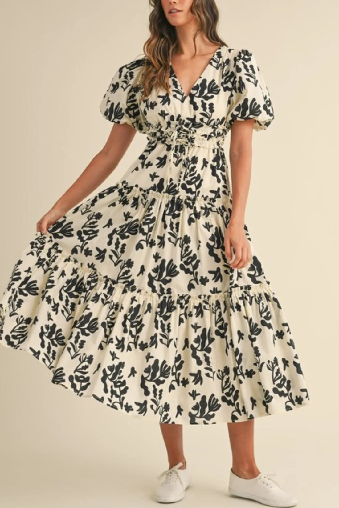 Little Things Puff Sleeve Tiered Midi Dress