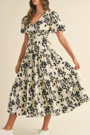 Little Things Puff Sleeve Tiered Midi Dress