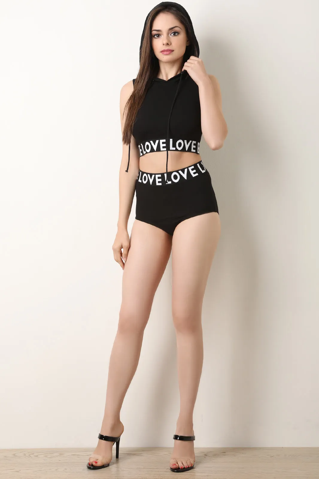 Love Hooded Crop Top With Brief Shorts Set