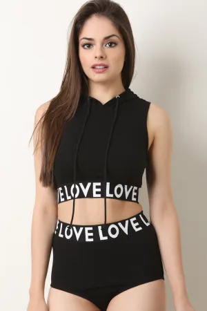 Love Hooded Crop Top With Brief Shorts Set