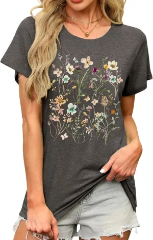 MAPICK Women's Floral Graphic Tees Short Sleeve Casual T-Shirts Boho Style Cute Summer Loose Fit Tops