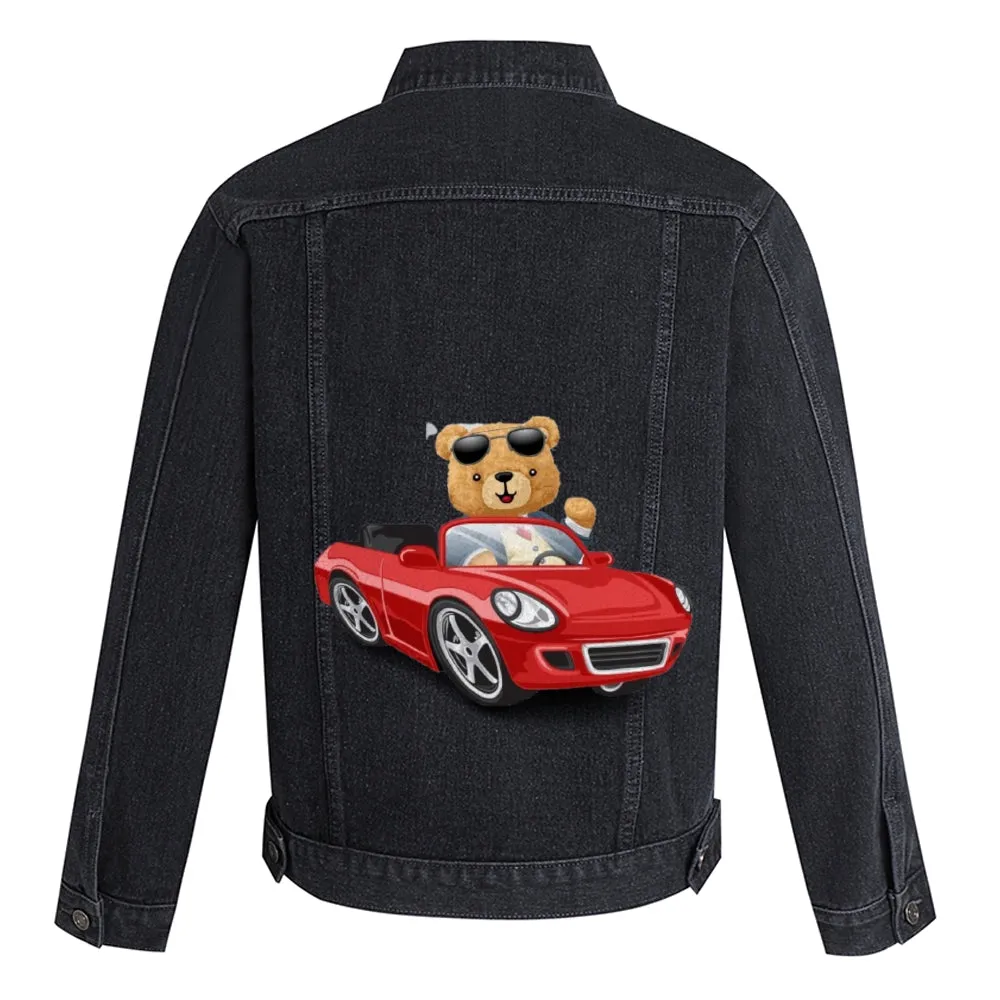 Mens Vintage Cartoon Cute Bear Red Sports Car Prints Denim Jacket