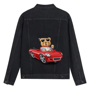 Mens Vintage Cartoon Cute Bear Red Sports Car Prints Denim Jacket