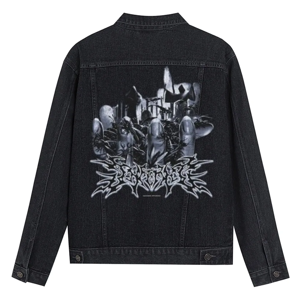 Mens Vintage Gothic Graphic Button Up Denim Jacket