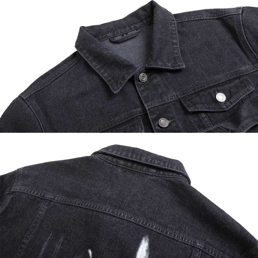 Mens Vintage Gothic Graphic Button Up Denim Jacket