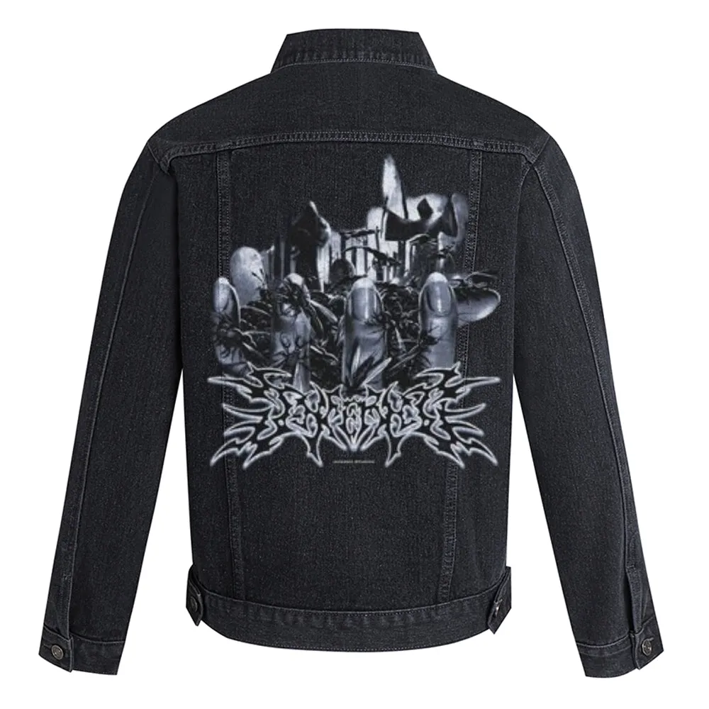 Mens Vintage Gothic Graphic Button Up Denim Jacket