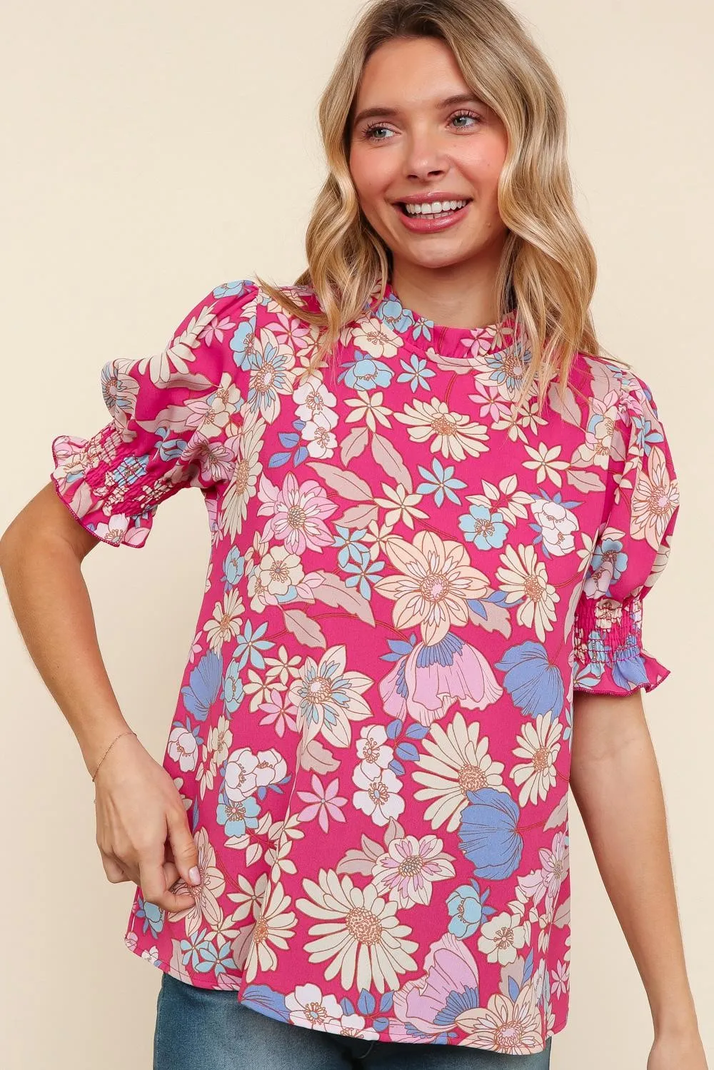 MOCK NECK WOVEN TOP W/ BUBBLE SHORT SLEEVES
