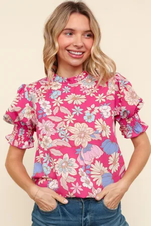MOCK NECK WOVEN TOP W/ BUBBLE SHORT SLEEVES