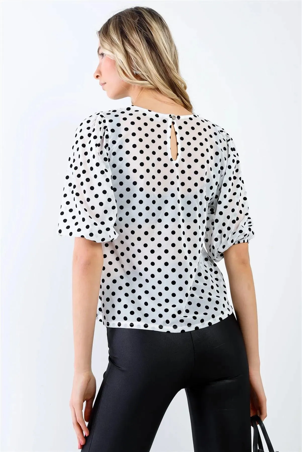 Off-White & Black Mesh Polka Dot Puff Balloon Short Sleeve Top /2-2