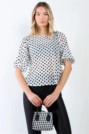 Off-White & Black Mesh Polka Dot Puff Balloon Short Sleeve Top /2-2