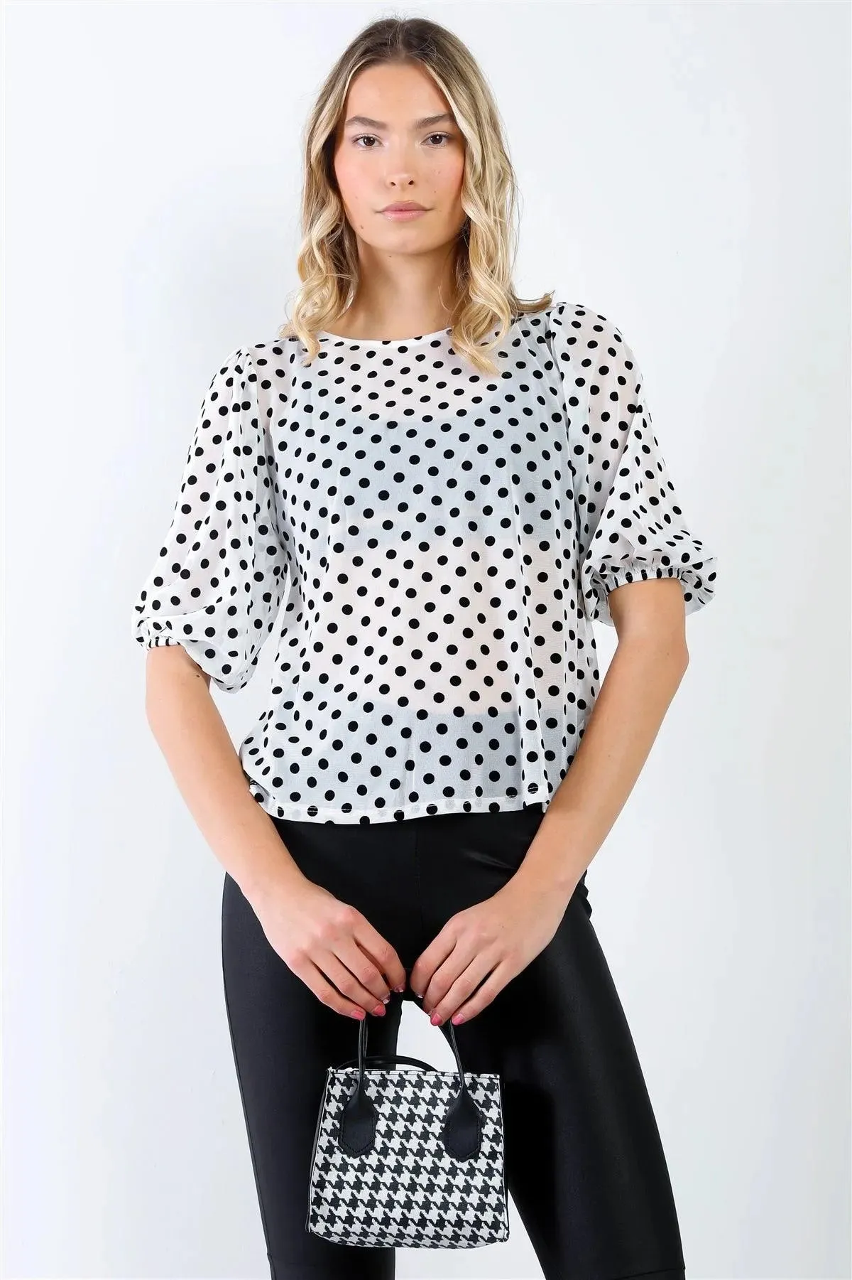 Off-White & Black Mesh Polka Dot Puff Balloon Short Sleeve Top /2-2