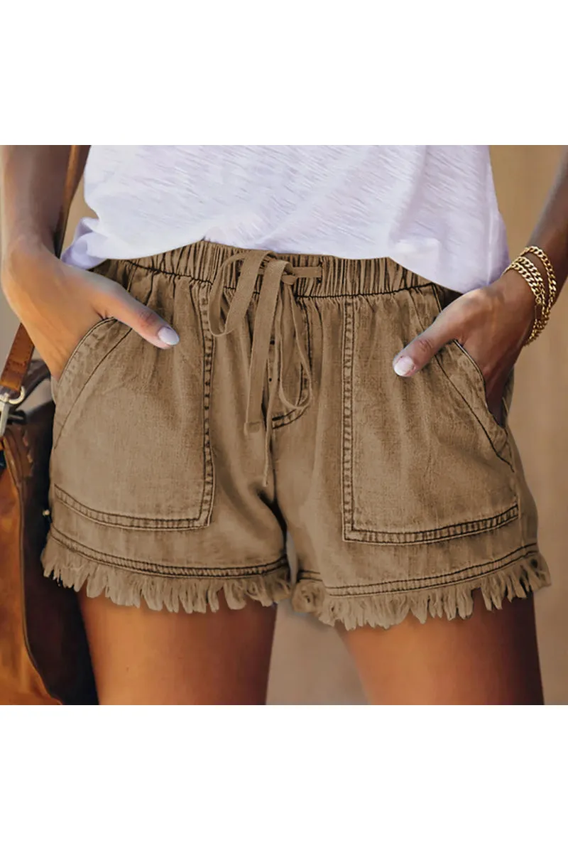 PC910 Drawstring Frayed Denim Shorts