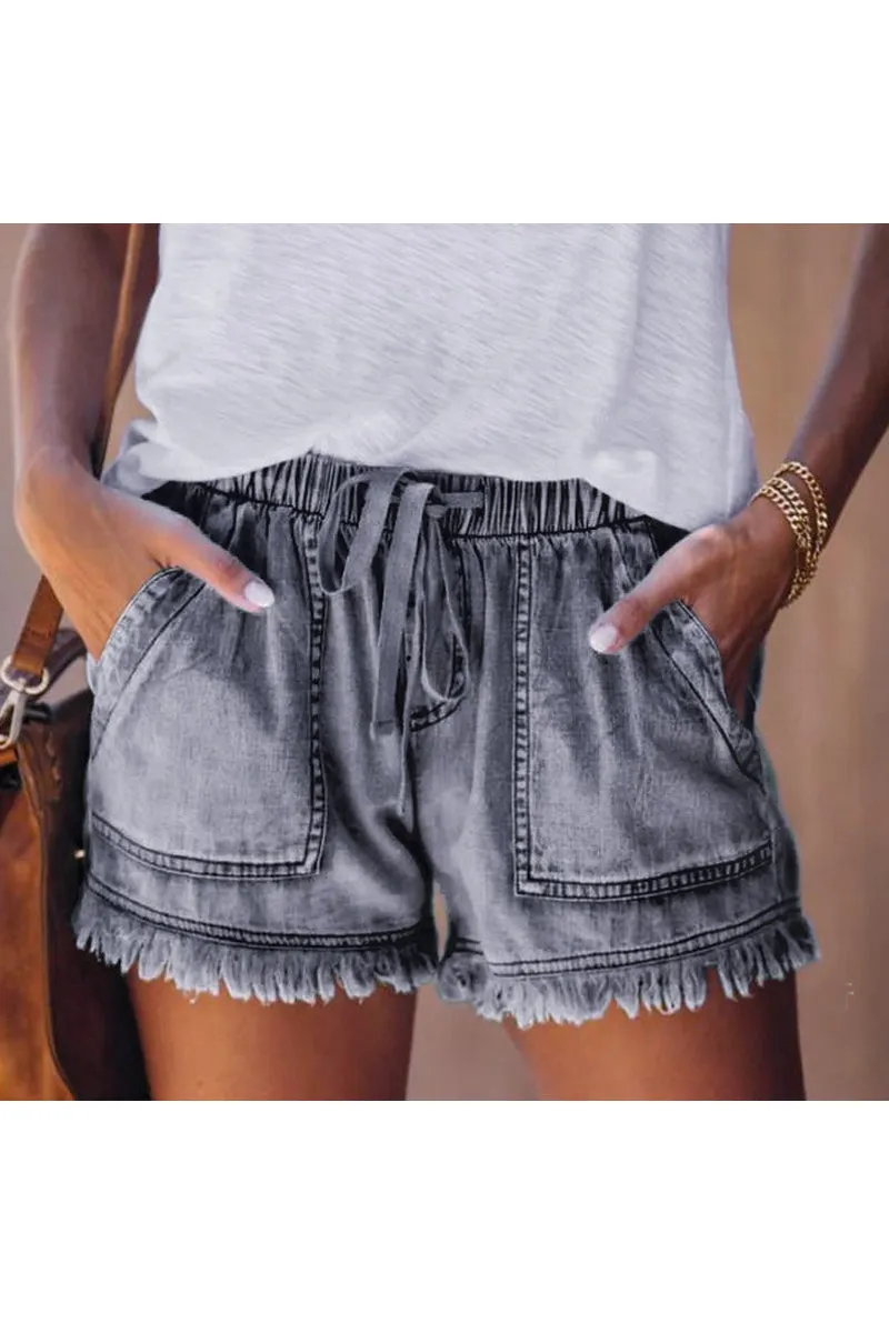 PC910 Drawstring Frayed Denim Shorts