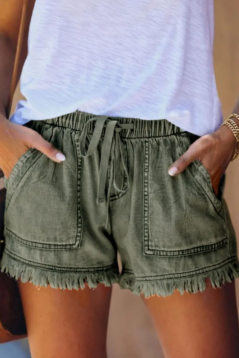 PC910 Drawstring Frayed Denim Shorts
