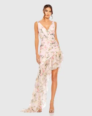 Pink Floral Print Asymmetrical Ruffle Hem Dress
