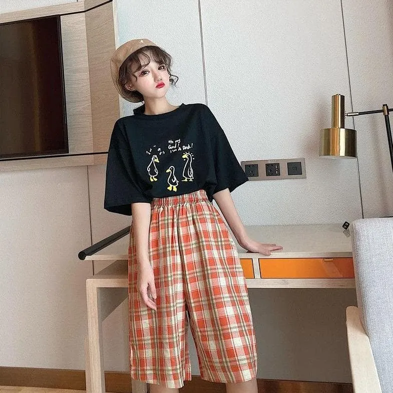 Plaid Shorts With Wide Legs And Elastic Waist