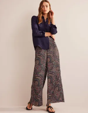 Plisse Satin Wide Leg Trousers-Light Navy, Palace