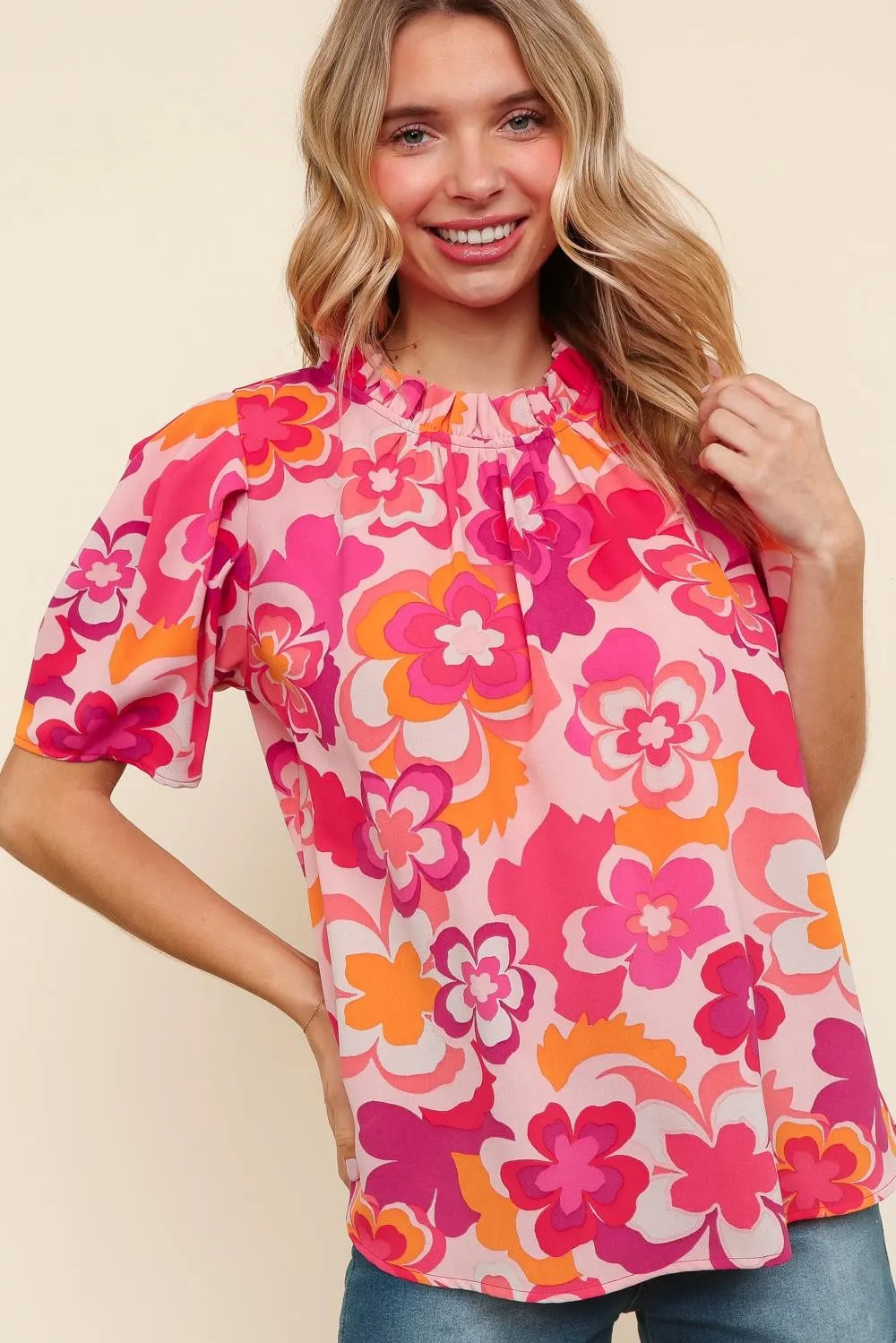 PLUS FLORAL PRINT WOVEN BLOUSE W/ BACK BUTTON DETAIL