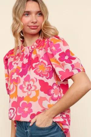 PLUS FLORAL PRINT WOVEN BLOUSE W/ BACK BUTTON DETAIL