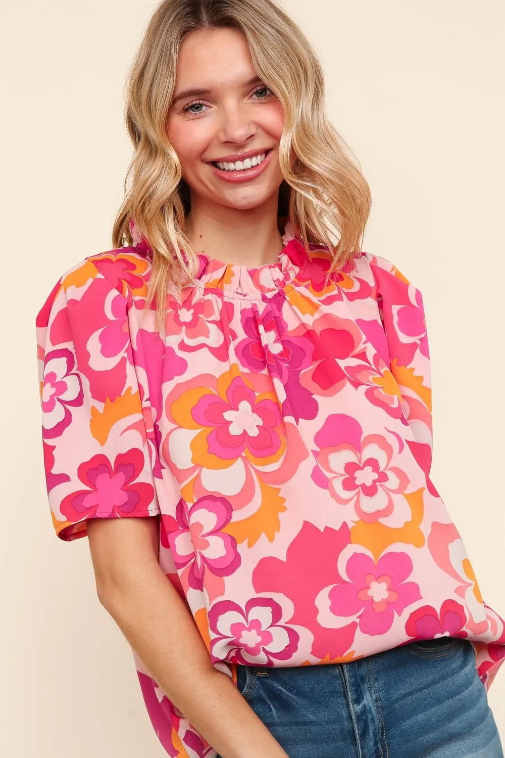 PLUS FLORAL PRINT WOVEN BLOUSE W/ BACK BUTTON DETAIL