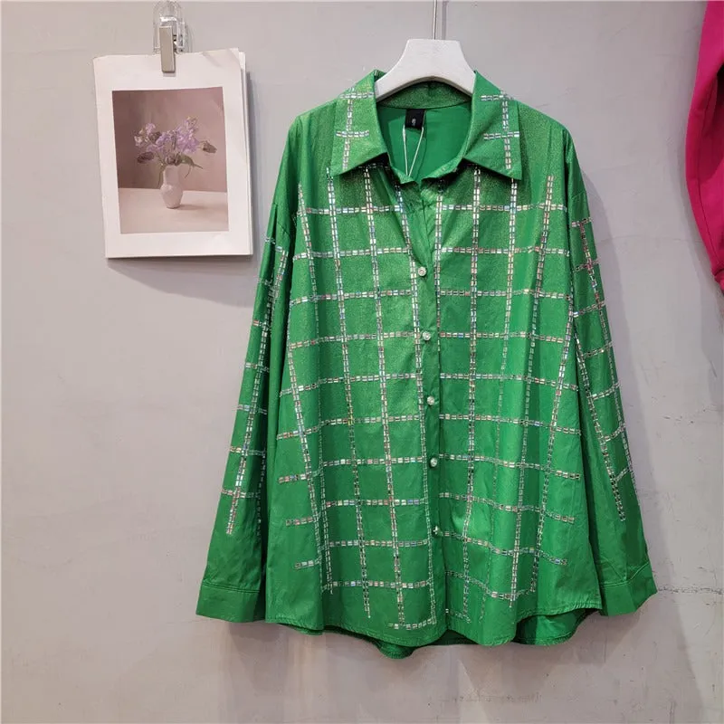 Pre Order:  Loose Diamond Plaid Sheer Blouse