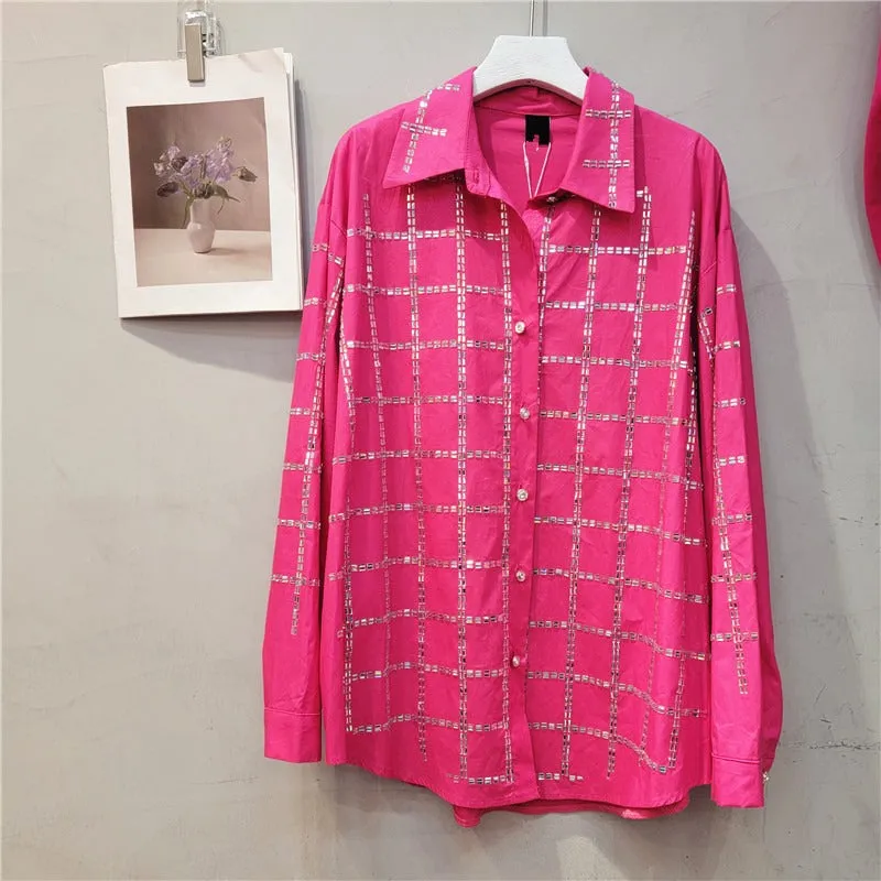 Pre Order:  Loose Diamond Plaid Sheer Blouse