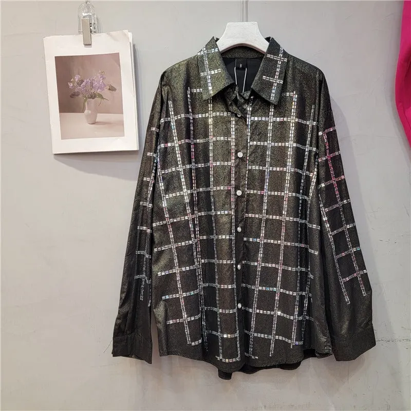 Pre Order:  Loose Diamond Plaid Sheer Blouse