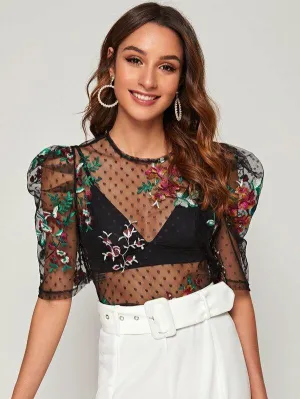 Puff Sleeve Embroidery Mesh Top Without Bra