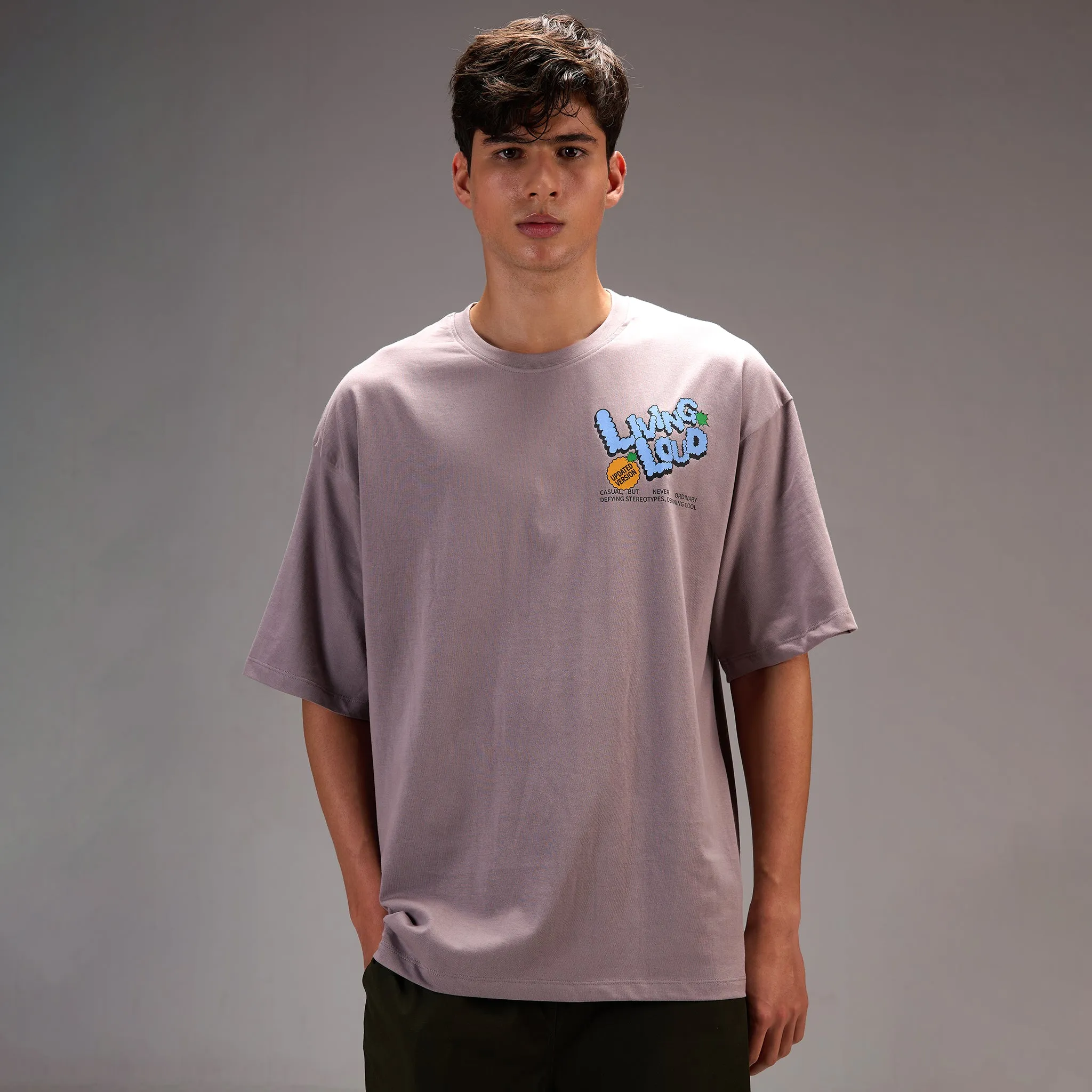 " Living Loud " Grey Oversize T-shirt for Mens