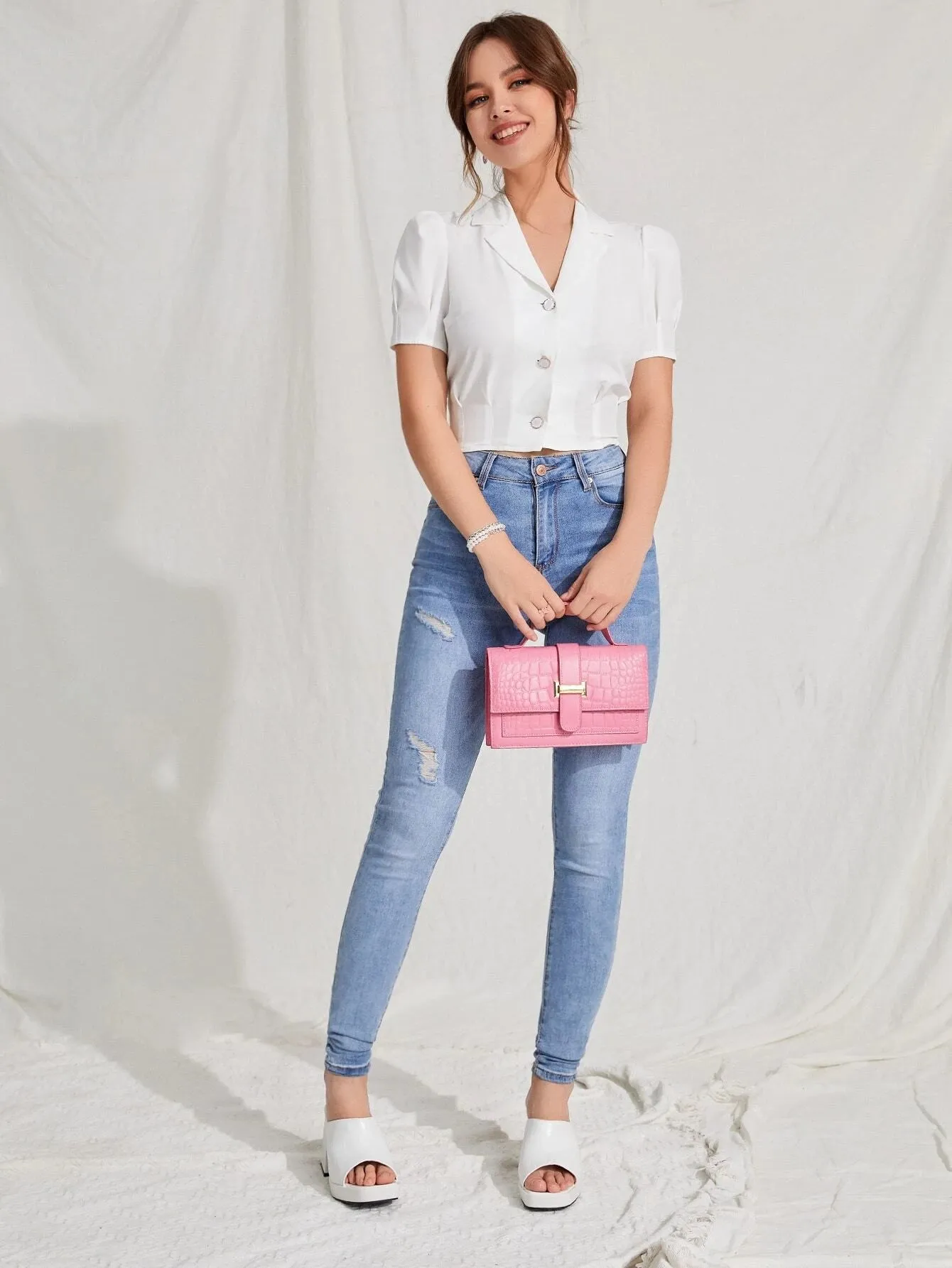 SHEIN EZwear Lapel Collar Puff Sleeve Button Up Blouse