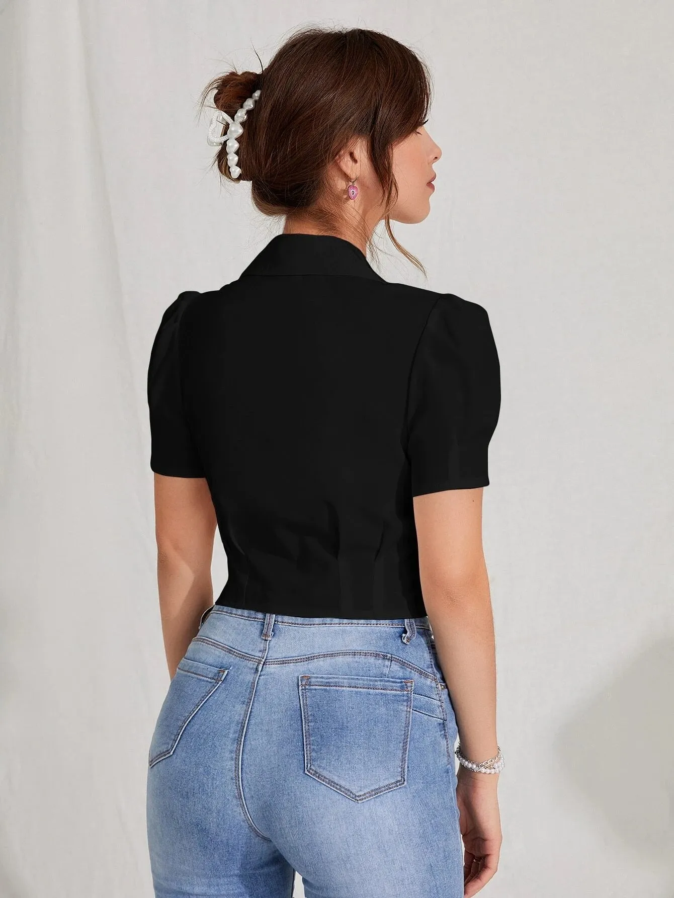 SHEIN MOD Lapel Collar Puff Sleeve Button Up Blouse