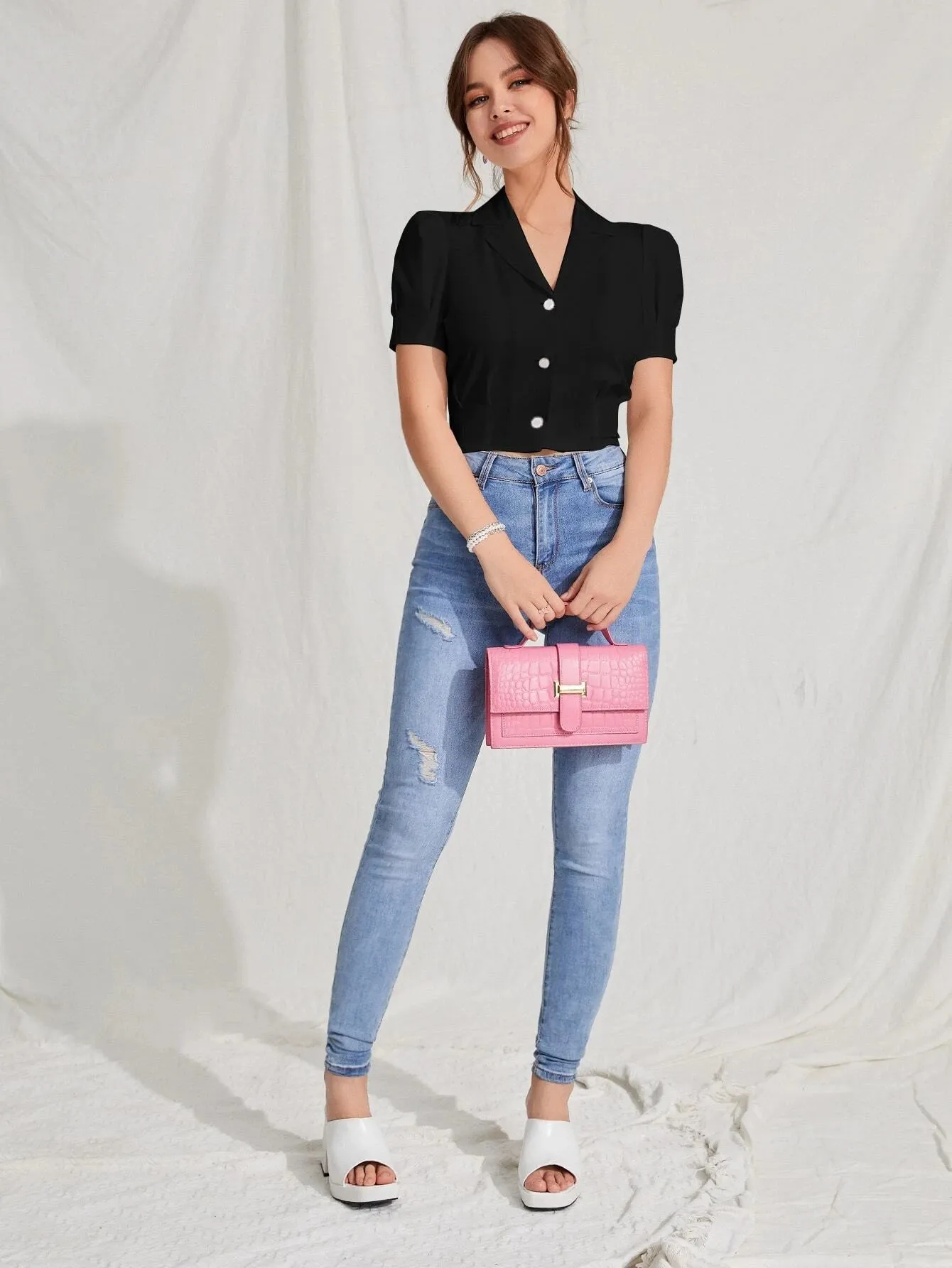SHEIN MOD Lapel Collar Puff Sleeve Button Up Blouse