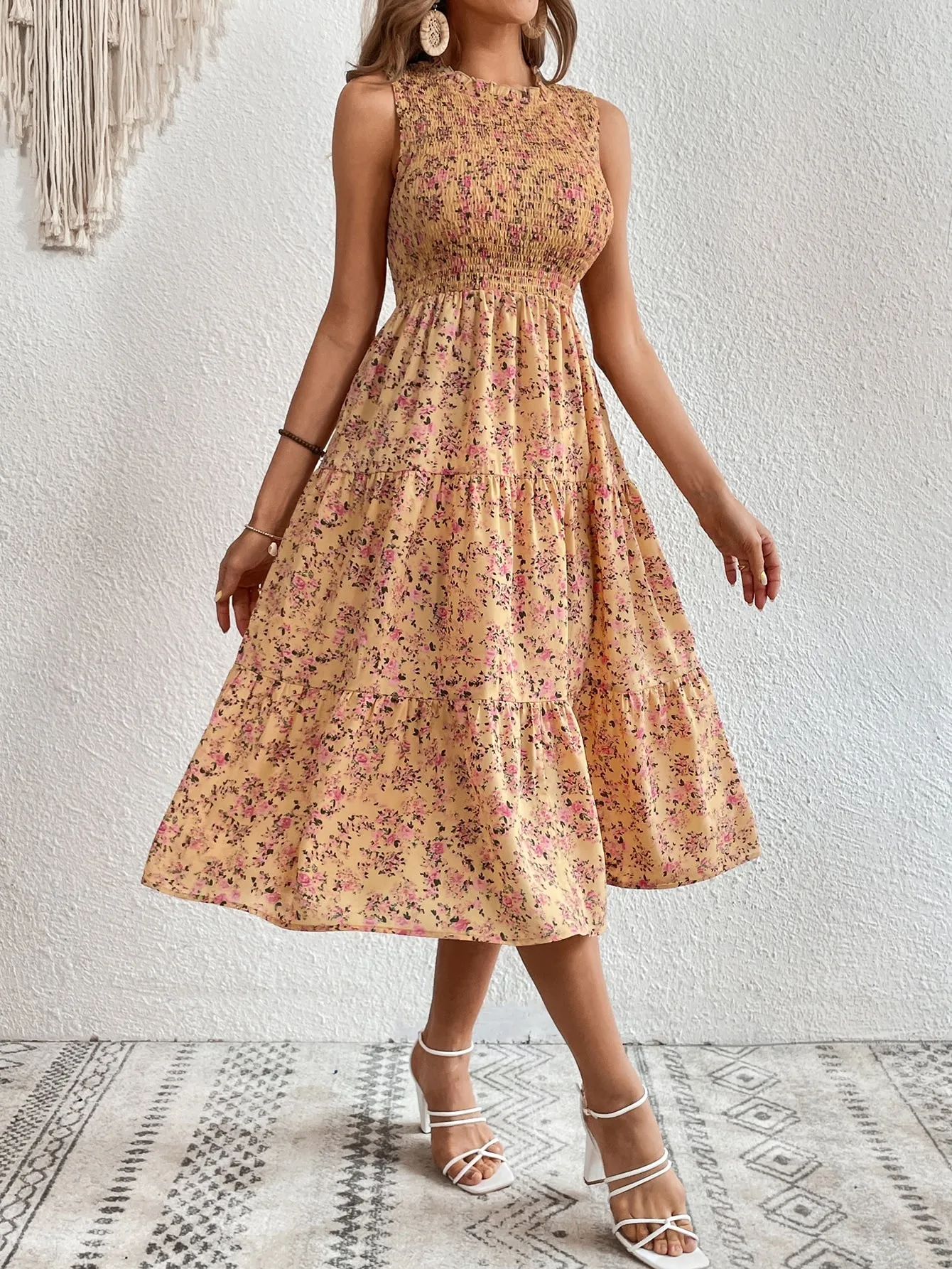 SHEIN VCAY Ditsy Floral Print Ruffle Hem Dress