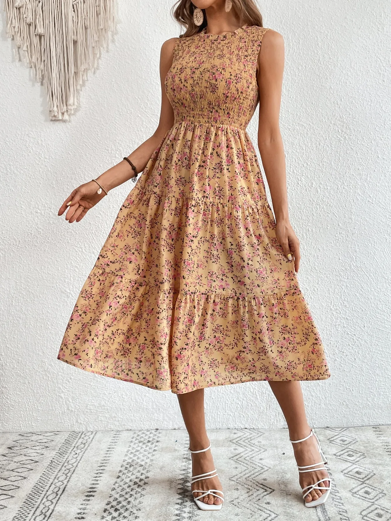 SHEIN VCAY Ditsy Floral Print Ruffle Hem Dress