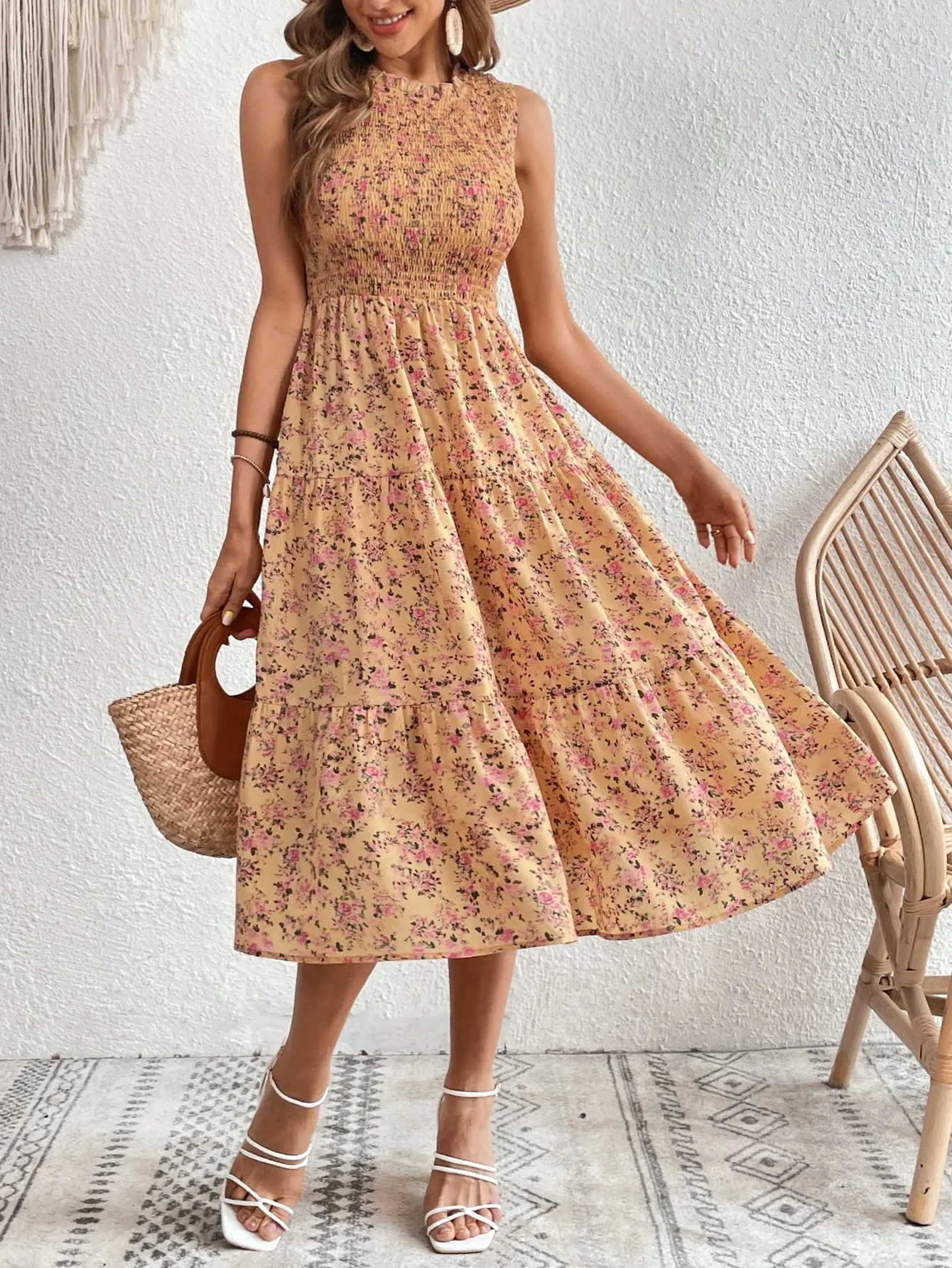 SHEIN VCAY Ditsy Floral Print Ruffle Hem Dress