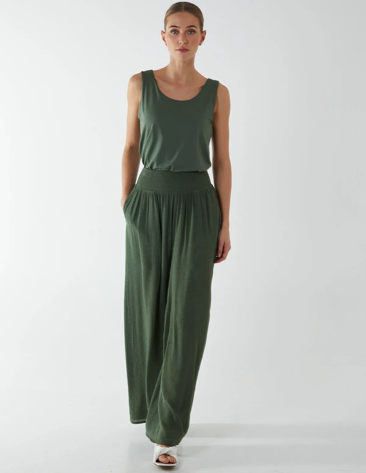 Shirring Waist Wide Leg Trouser