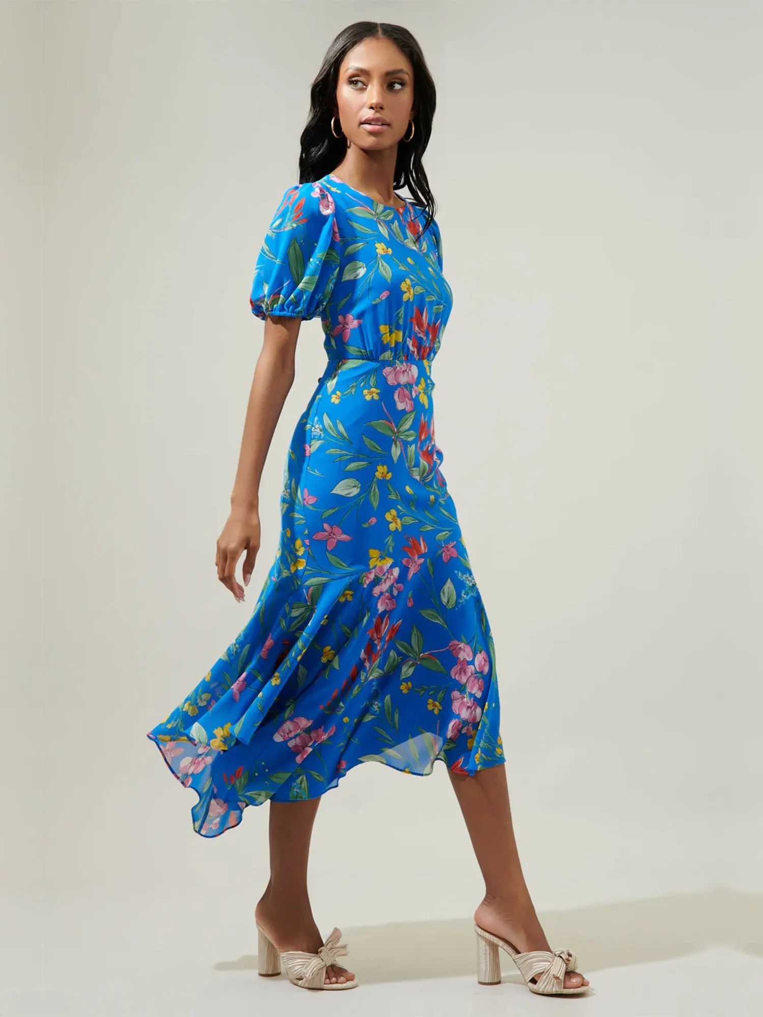 Sugarlips Short Sleeve Hanky Hem Floral Midi Dress - Brands We Love